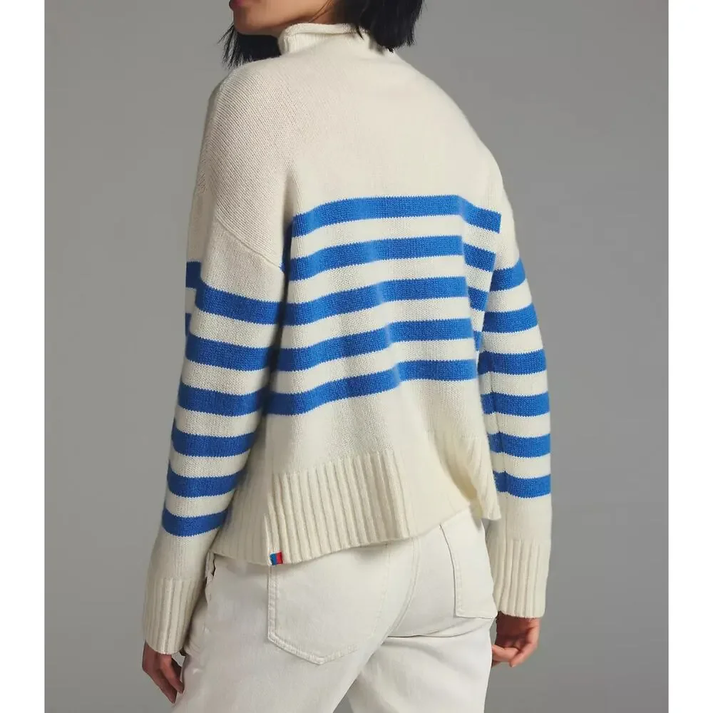 KULE Cream and Blue Striped Cashmere-blend Turtleneck Sweater. Sz L - Picture 7 of 16